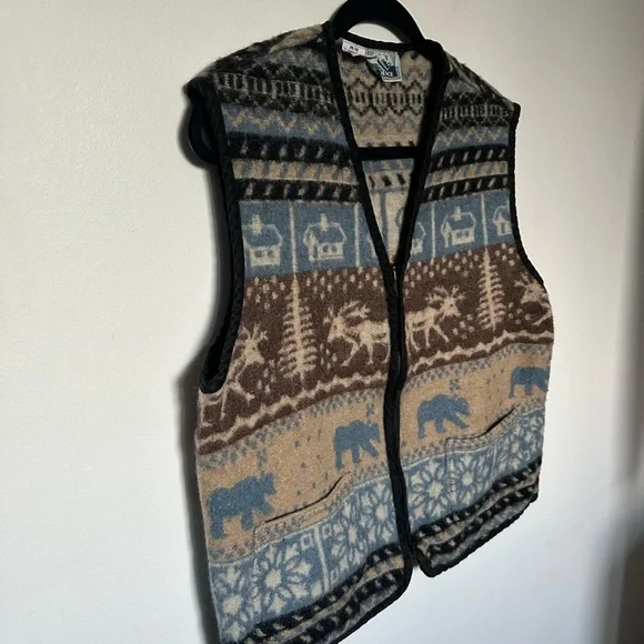 Vintage Vest Wool Neutral Evidence Pattern Brown and Blue Warm and Cozy Vest - Picture 5 of 13